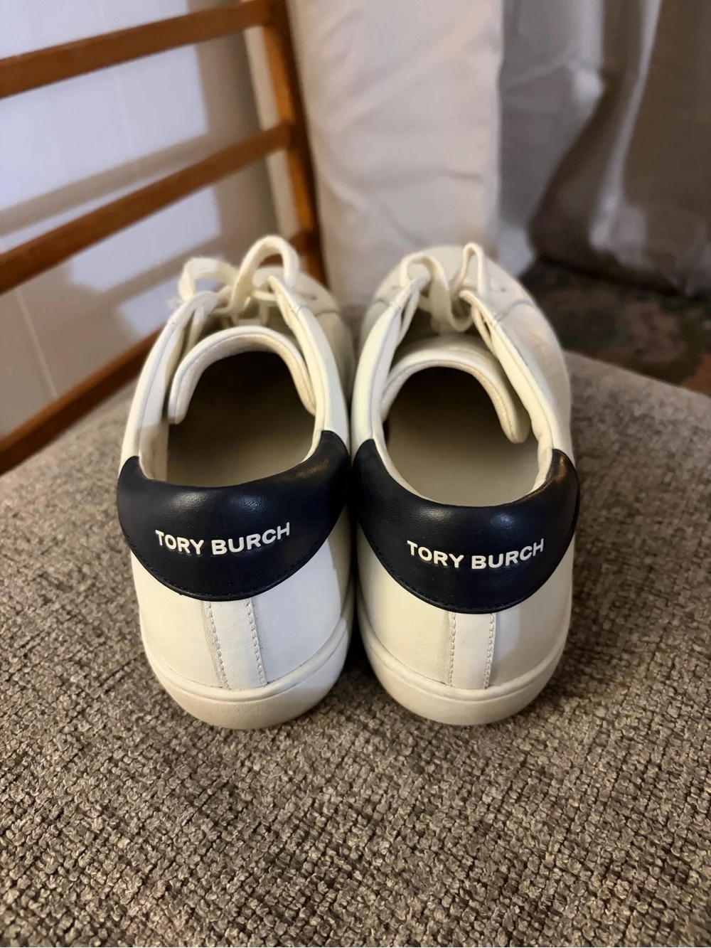 Tory Burch Cream Leather Perforated Logo Sneakers with Navy Heel